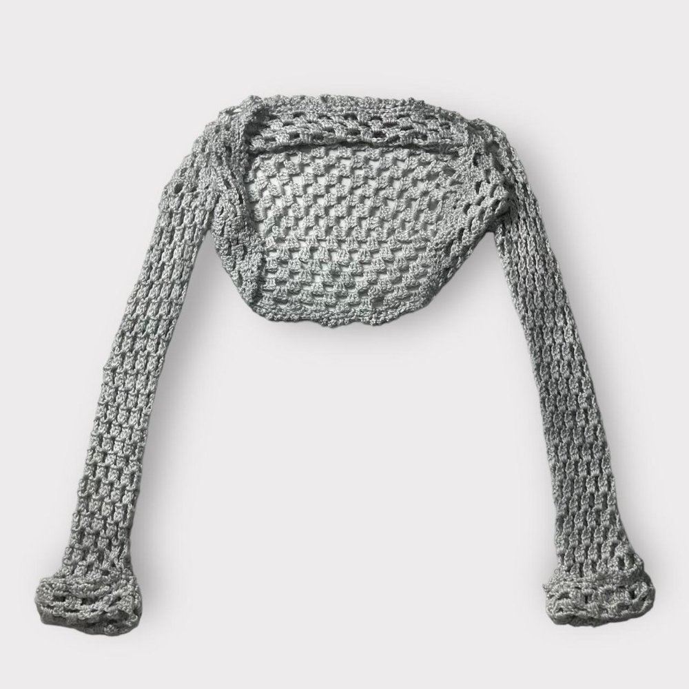 Handmade crochet light grey open knit cropped open bolero sweater. Size S/M